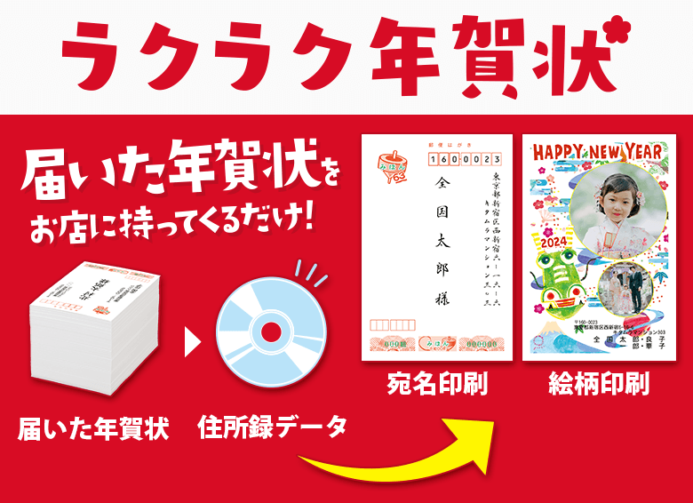 ラクラク年賀状3点セットで500円OFF 届いた年賀状をお店に持ってくるだけ